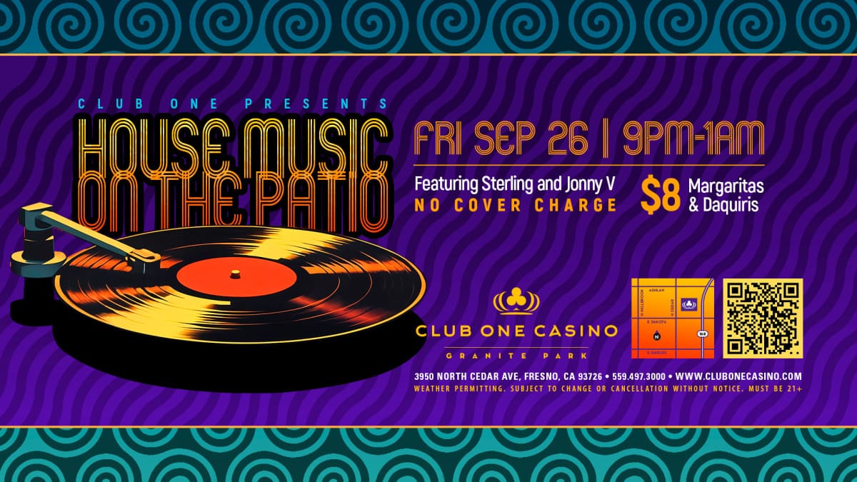Club One Casino flyer promoting live house music Fresno with Sterling & Jonny V on September 26, 9PM to 1AM, featuring Bulleit Bourbon tasting