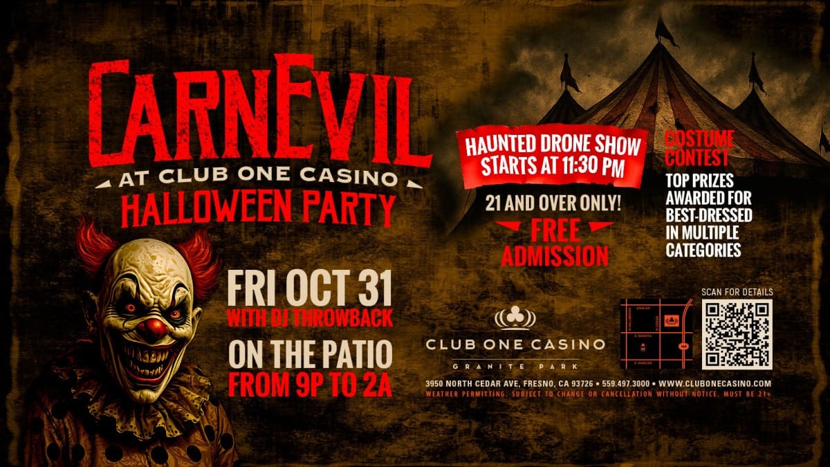 Flyer: Halloween Party Fresno 2025 at Club One Casino with DJ Throwback and $200 costume contest