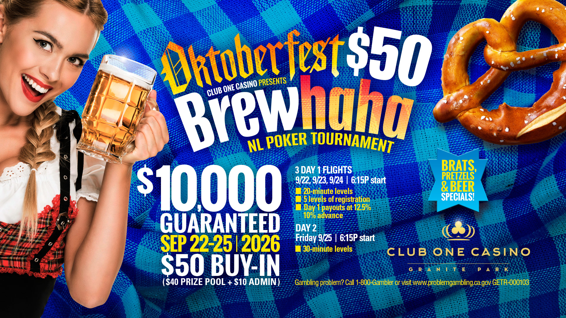 Poker tournament Fresno Oktoberfest Brewhaha at Club One Casino September 22-25 2026