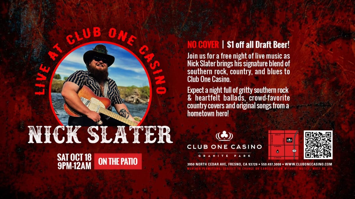 Nick Slater live music at Club One Casino in Fresno, October 18, 2025 — southern rock, country, and blues concert on the patio.