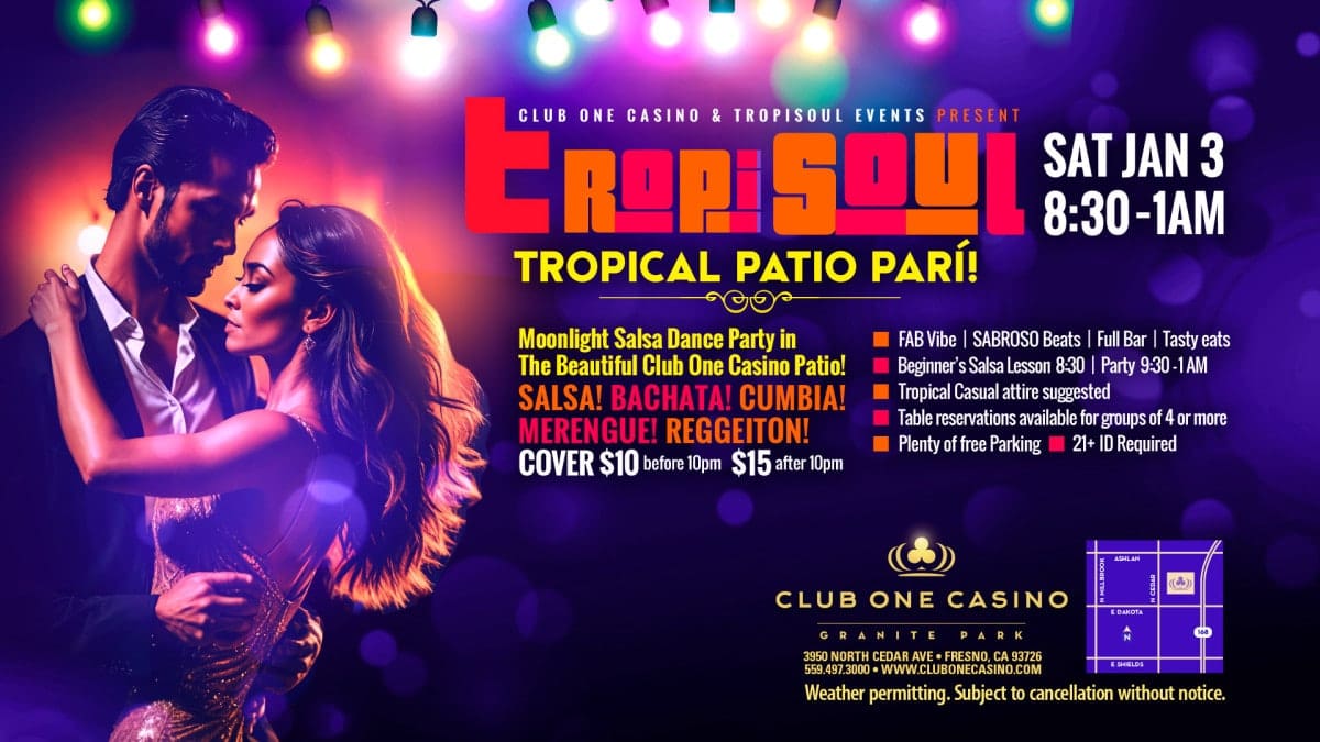 Moonlight Fresno salsa dance party at Club One Casino Tropical Patio in Fresno featuring TropiSoul Latin music event
