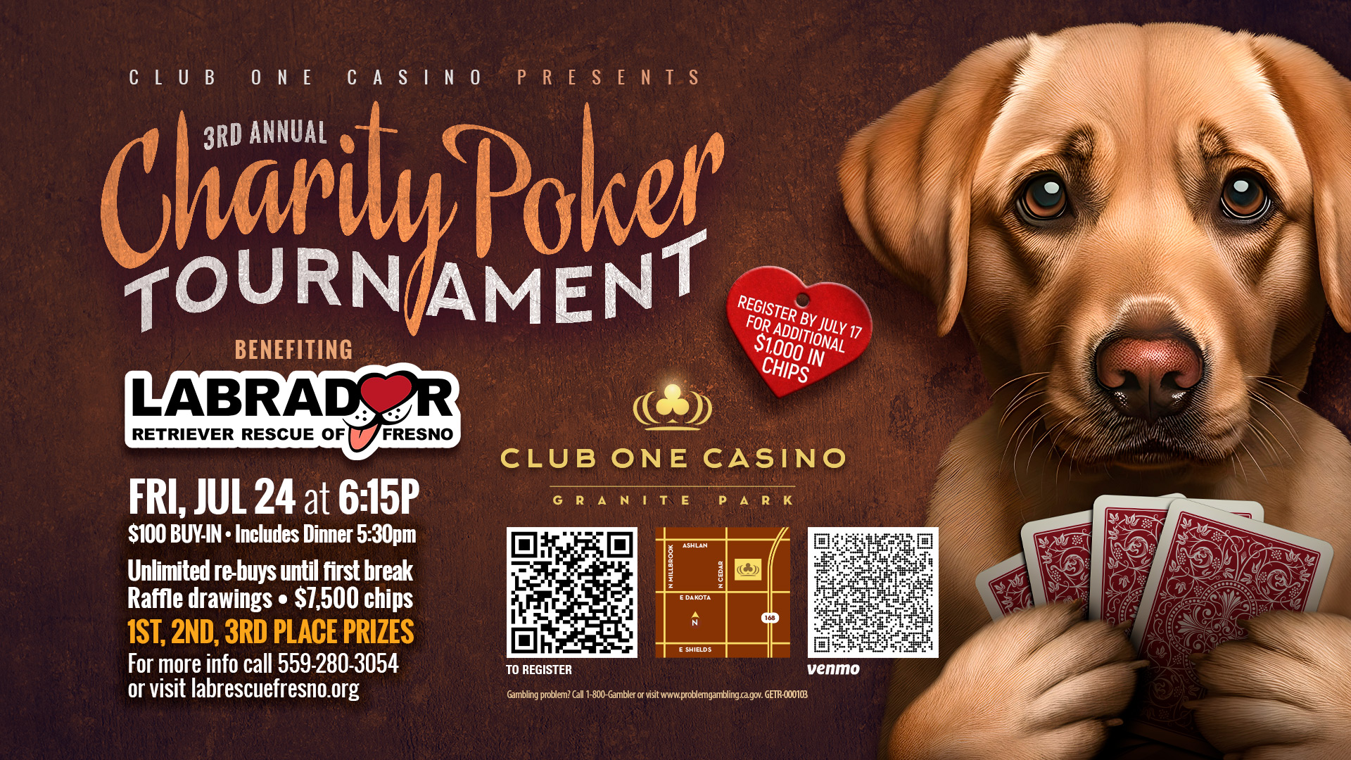 3rd Annual Charity Poker Tournament benefiting Labrador Retriever Rescue of Fresno at Club One Casino