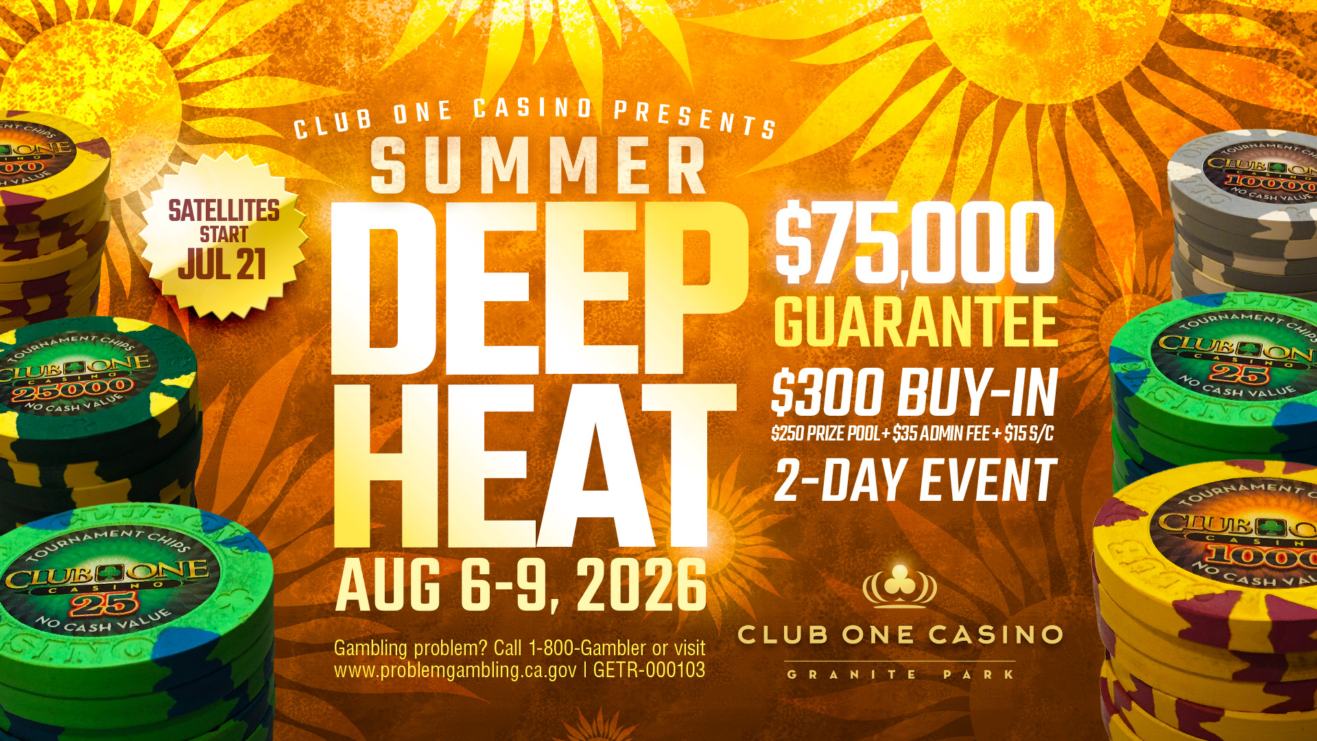 Deep Heat Poker Tournament at Club One Casino in Fresno featuring a $75,000 guaranteed prize pool.