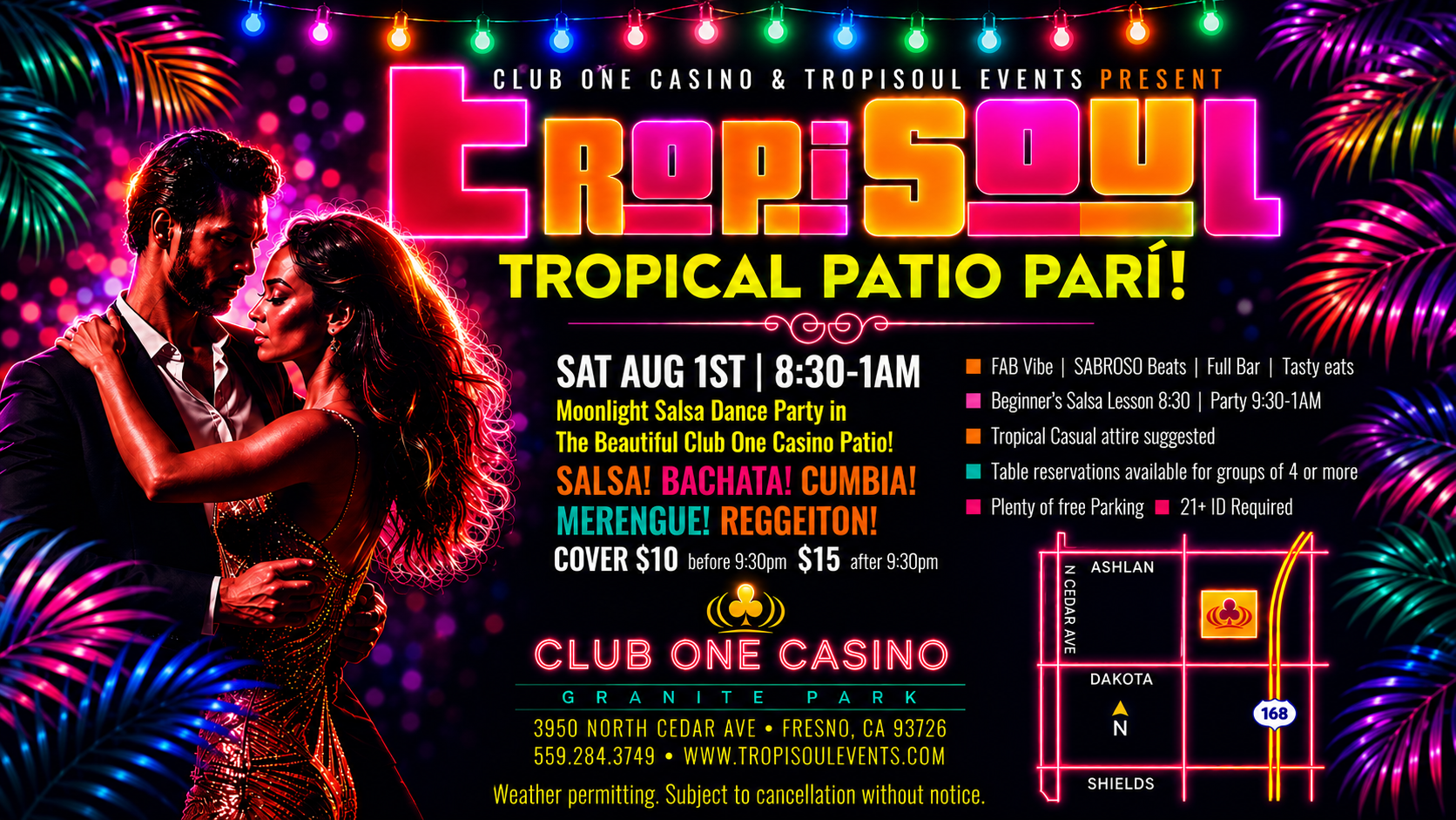 Couple dancing at Salsa Night during the Tropical Patio Party at Club One Casino in Fresno, CA featuring salsa, bachata, cumbia, merengue, and reggaeton.