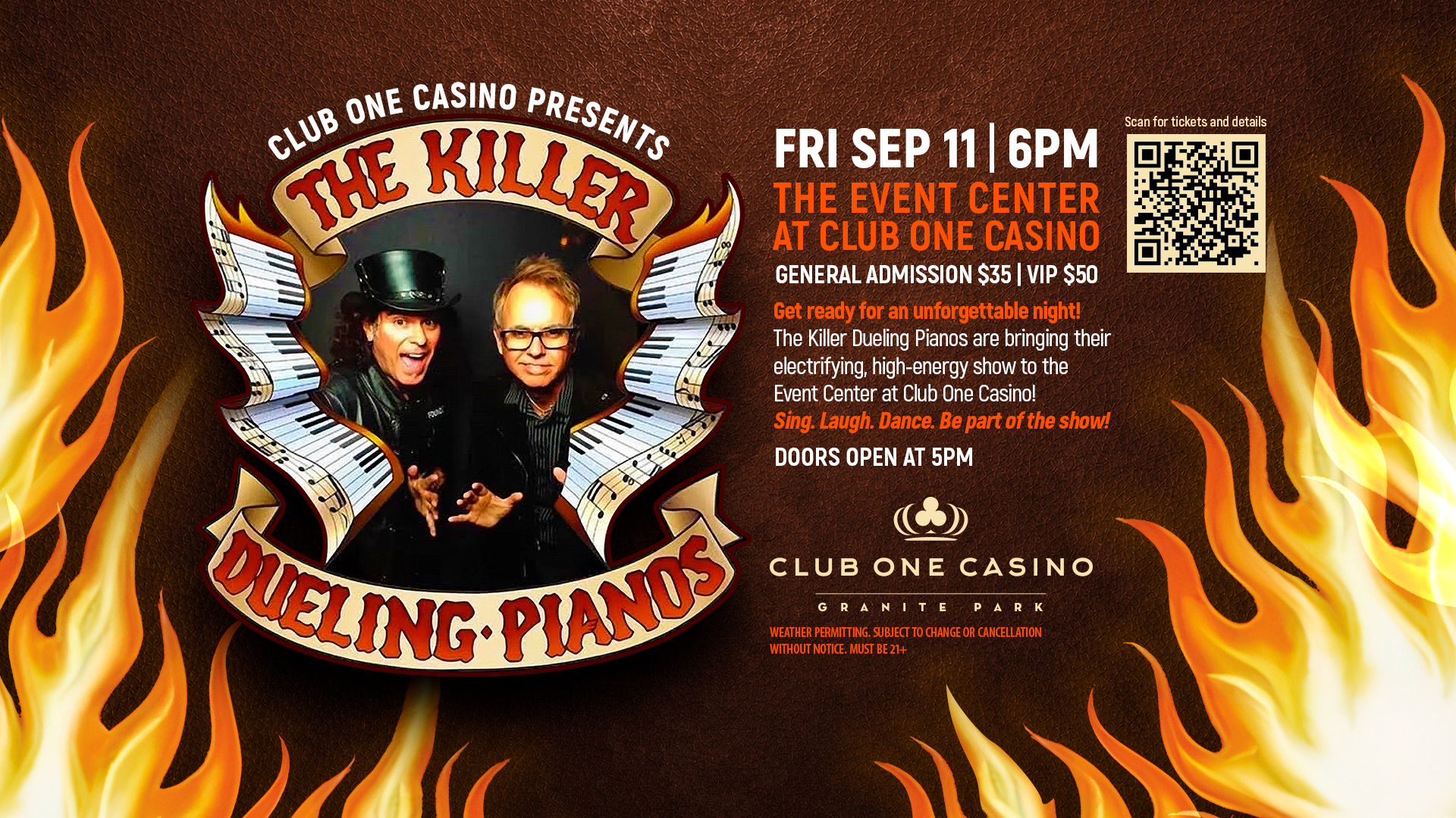 Killer Dueling Pianos Fresno at Club One Casino September 11, 2026