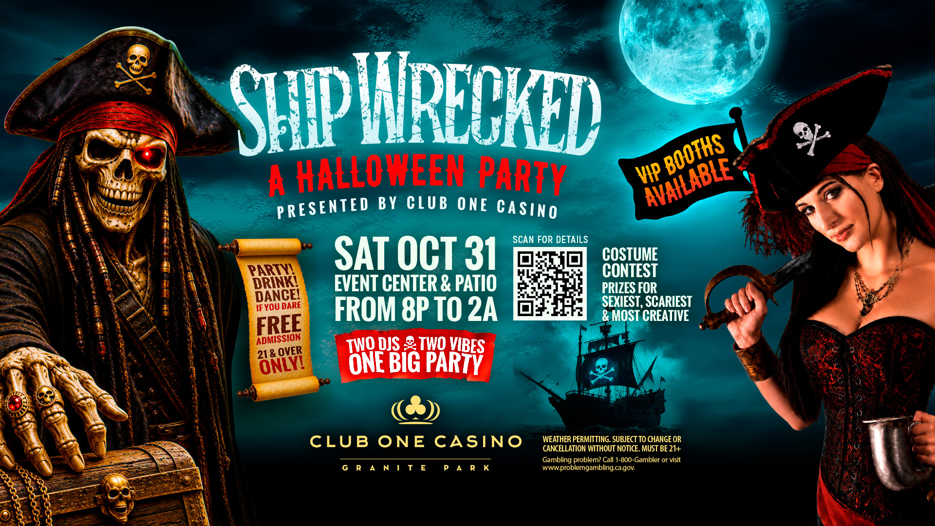 Shipwrecked Halloween Party at Club One Casino in Fresno on October 31st, 2026.